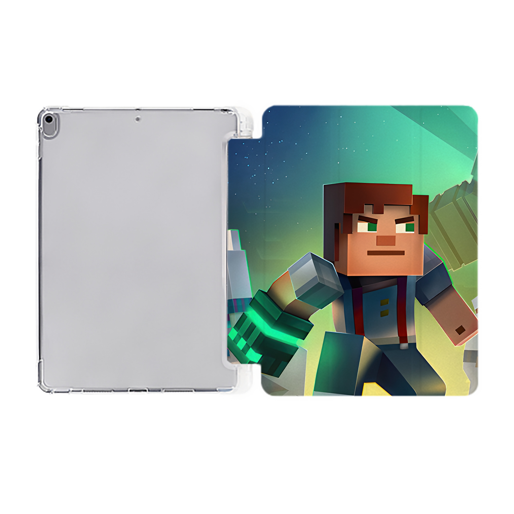 （画像用） マインクラフト ブロックの世界 Minecraft MC Block world IPad ケース ペン収納付き 三つ折りスタンド PUレザー×シリコン 対応機種9.5/10.5/10.9インチ